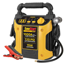 Yellow and black jump starter with air compressor and pivoting LED light