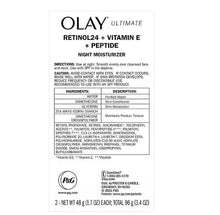 Olay Ultimate retinol night moisturizer ingredient panel, boxed text and warnings visible
