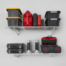Wall shelf combo kit with two wire shelves, deck hooks, and storage bins shown