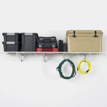 Wall shelf combo kit with two wire shelves and storage bins arranged on shelves