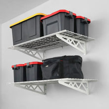 Wall shelf combo kit with two wire shelves holding storage bins and a black bag