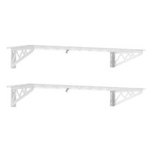 Two white metal wall shelves with wire racks and triangular end supports