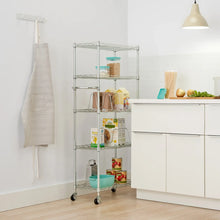 5-tier metal storage rack with wire shelves and side clips on casters