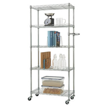 5-tier metal storage rack with wire shelves holding kitchenware and pantry items