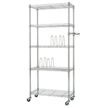 5-tier metal storage rack with four wire shelves and caster wheels