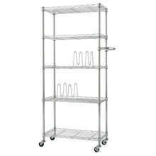5-tier metal storage rack with wire shelves and four caster wheels