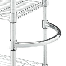 Metal wire rack corner with curved support bar and vertical frame posts
