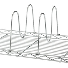 Wire rack shelf with upright storage hooks on a metal grid base