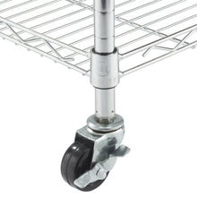 Chrome storage rack caster wheel attached to a vertical leg