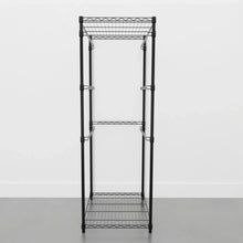 Black storage bin rack with wire shelves and side posts for totes