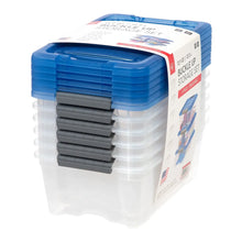 Buckle-up storage bin set packaging with stacked blue-lid bins in clear containers