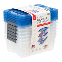 Buckle-up storage bin set packaging showing stacked blue-lid bins in clear bodies