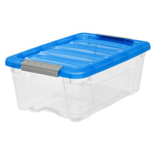 Buckle-up storage bin with blue lid, clear base, and gray buckle latch tabs