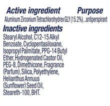 Deodorant ingredients and purpose panel with active and inactive ingredient text