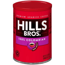 Hills Bros coffee can with red body, purple band, and 100% Colombian dark roast