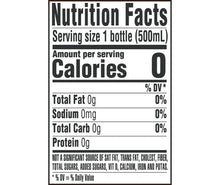 Nutrition facts panel: 0 calories per 500 mL serving