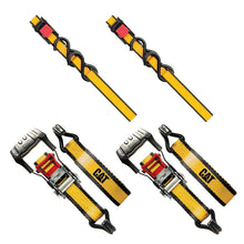 Pack of ratchet tie-down straps with yellow webbing and black metal hooks