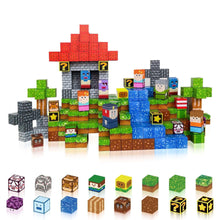 Magnetic block building with character cubes, brick walls, and colorful trees