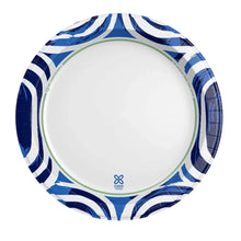 10-inch disposable paper plate with white center and blue wave with green accent border