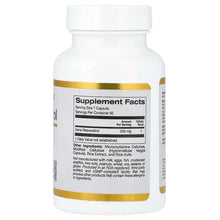 California Gold Nutrition supplement facts label on bottle, trans-Resveratrol 200 mg