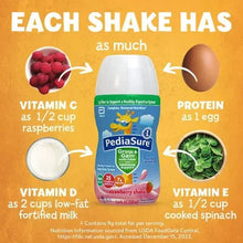 Pediasure strawberry shake bottle with vitamin C, vitamin D, protein, and vitamin E callouts