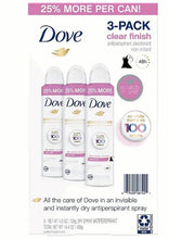 Dove Clear Finish antiperspirant spray 3-pack, three white cans with pink labels