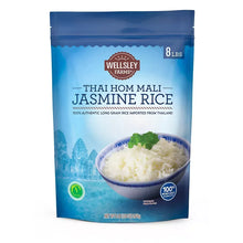 Thai hom mali jasmine rice bag, 8 lb, blue pouch with logo and bowl graphic