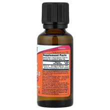 Amber liquid vitamin D-3 bottle with black cap, back label facts panel