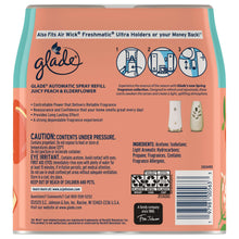 Glade automatic spray refill back label for juicy peach & elderflower, caution and directions
