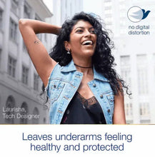 Antiperspirant spray promotional image with woman holding raised arm and Dove logo