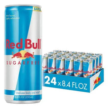 Red Bull Sugar-Free energy drink can and 24-pack carton, blue-and-white design