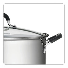 Stainless steel covered stock pot with black side handle and rim hardware