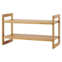 Bamboo 2-tier shoe rack with two open slatted shelves and side handles, light wood finish