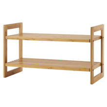 Bamboo 2-tier shoe rack with open slat shelves and side frames.