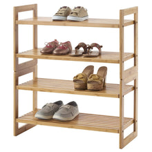 Bamboo shoe rack with multiple slatted shelves holding several pairs of shoes
