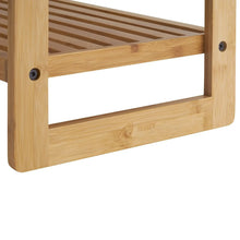 Bamboo shoe rack end panel with vented slat shelf and small TRINITY logo.