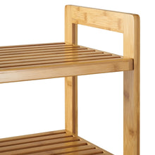 Bamboo 2-tier shoe rack corner view with slatted top shelf and open side frame
