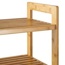 Bamboo 2-tier shoe rack corner with upper raised slat shelf and support posts.