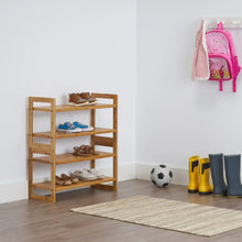 Small bamboo 2-tier shoe rack with open slat shelves for shoes and boots.