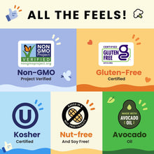 FamBam Foods snack certification graphic for non-GMO, gluten-free, kosher, nut-free, and avocado oil.