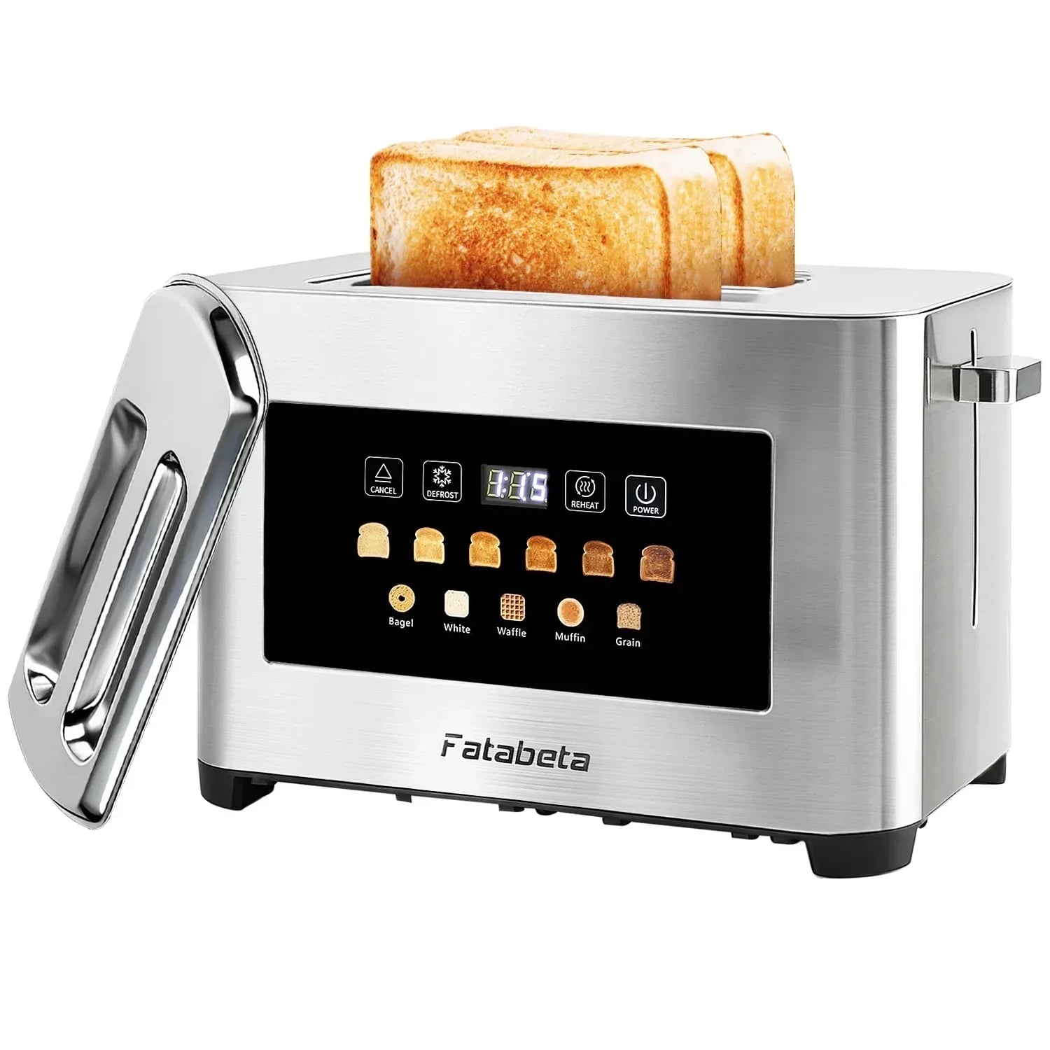 Fatabeta Toaster, 2 Slice Toaster with Dust Cover, Wide Slot for Bagel & Bread, 6-Shade Even Toasting, Defrost & Reheat, Smart LED Touchscreen, Stainless Steel - USA MEGA SHOP