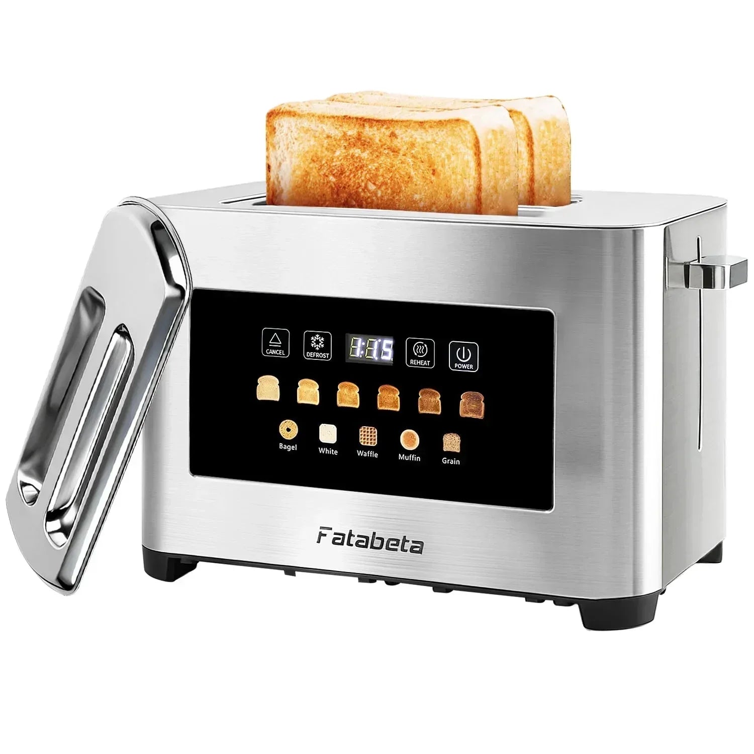 Fatabeta Toaster, 2 Slice Toaster with Dust Cover, Wide Slot for Bagel & Bread, 6-Shade Even Toasting, Defrost & Reheat, Smart LED Touchscreen, Stainless Steel