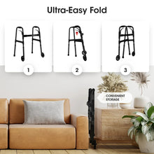 Black folding walker with wheels shown folding and unfolding for storage