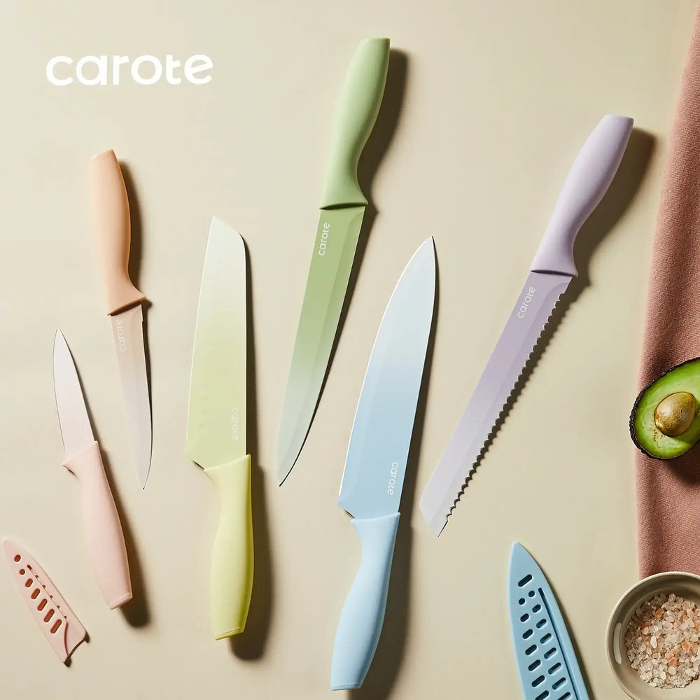 Carote 12 Pcs Kitchen Knife Set, Stainless Steel Knife Set with Nonstick Creamic Coating, Taupe - USA MEGA SHOP