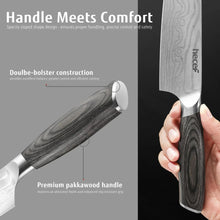 Chef knife with dark wood handle and gray Damascus blade, shown as product features