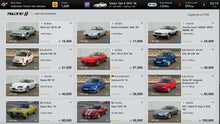 PS5 racing game garage list screen showing vehicle thumbnails and prices