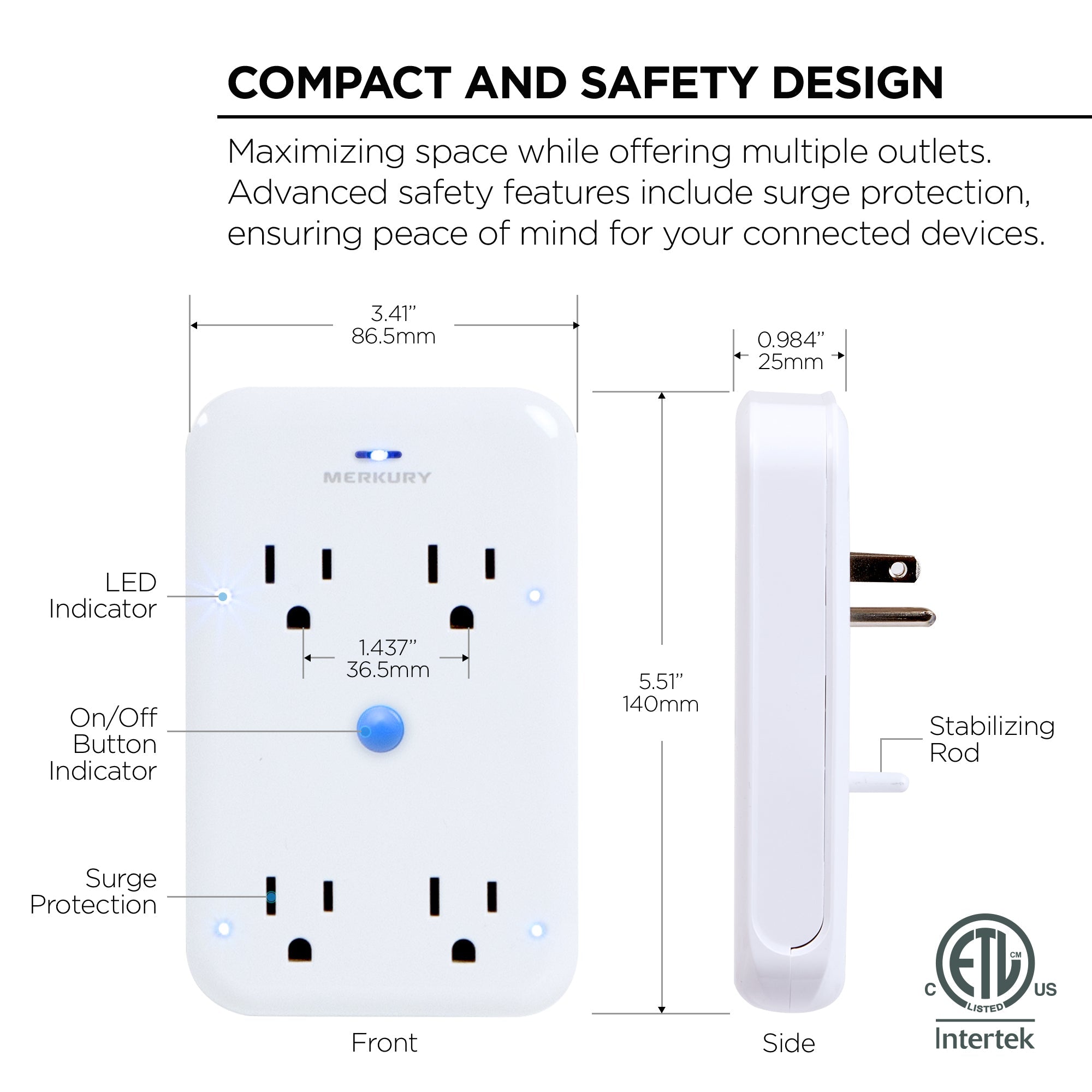 Merkury Innovations Smart 4-Outlet Wall Extender, 15A 1800W, Wi-Fi Enabled, Works with Alexa & Google Assistant – White