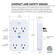 Smart 4-outlet wall extender with LED indicator, on/off button, surge protection, white