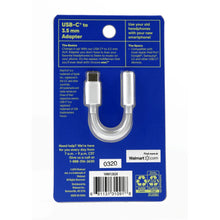 Back of USB-C to 3.5 mm adapter retail package with features and diagrams
