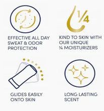 Dove Original Clean antiperspirant deodorant benefits icons: glides easily, long lasting